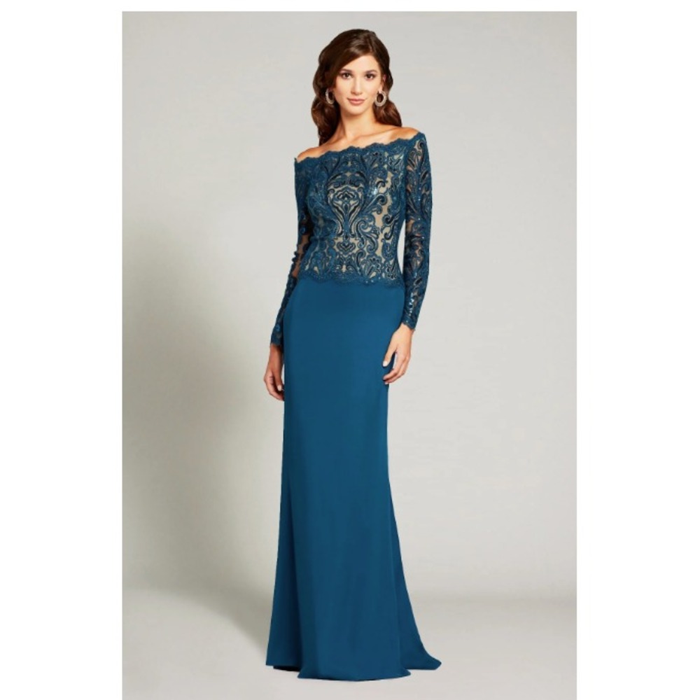 Tadashi Shoji 10 Maxi Dress Lace Sequin Embroidered Teal Mermaid Wedding Guest